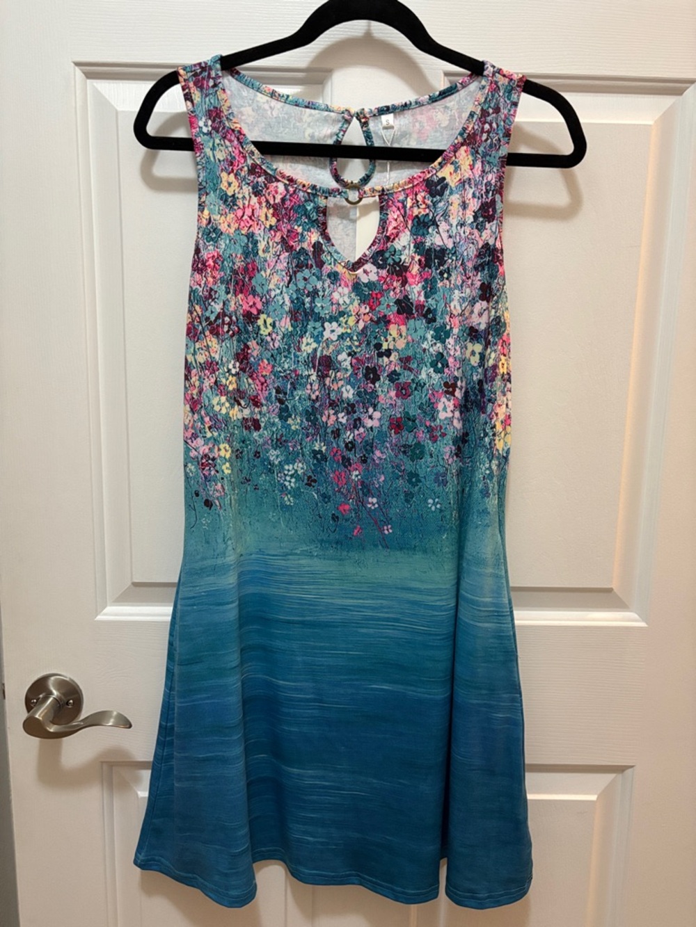 ETCYYNEE Floral Gradient Teal Sleeveless A-Line stretch Dress New Tags small